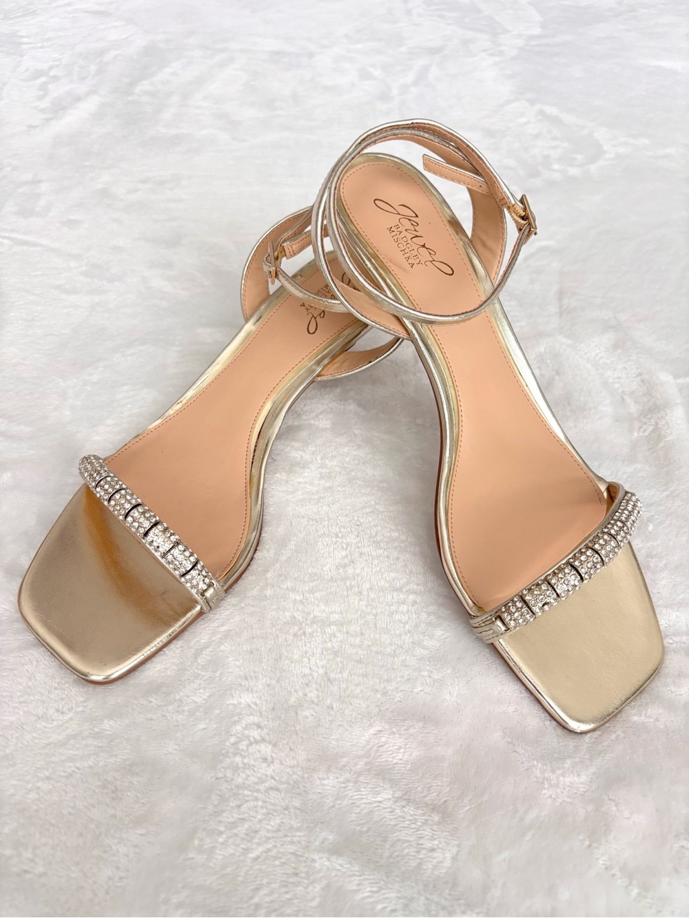 JEWEL BADGLEY MISHKA Charisma Gold Kitten Heel Ankle Strap Sandal--NEW--11